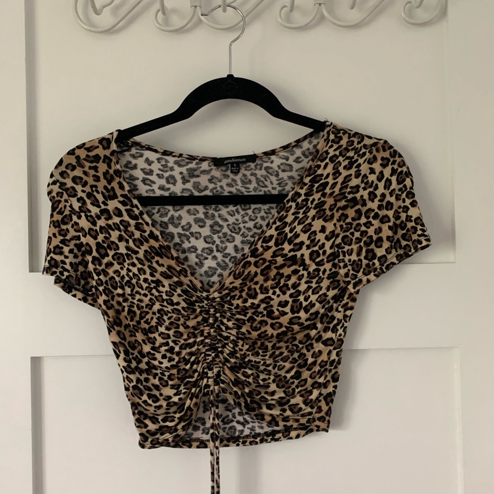 Ambiance Brown Tan Ruched Crop Blouse